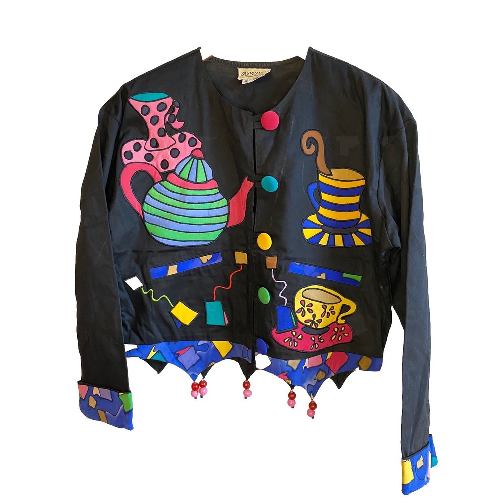 VTG SILKSCAPES Embroidered Artsy Whimsy Art To Wear Teapot Mad Hatter CUSTOM